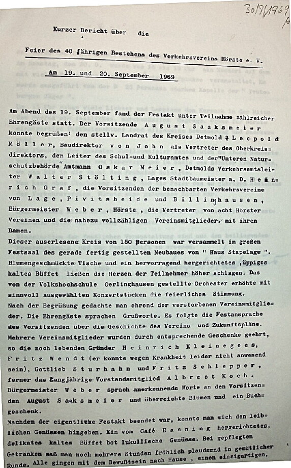 40 Jahre Verkehrsverein 19. u. 20.9.1969 Bericht Saaksmeier 30.9.1969