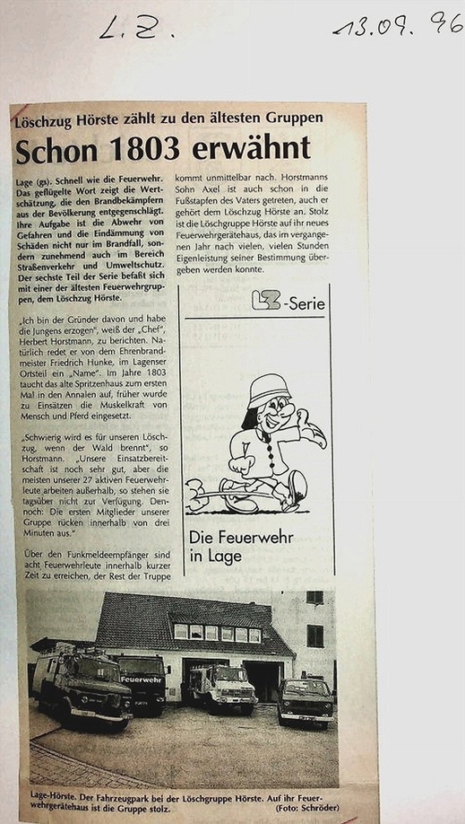 Löschzug Hörste schon 1803 erwähnt LZ 13.9.1996 1