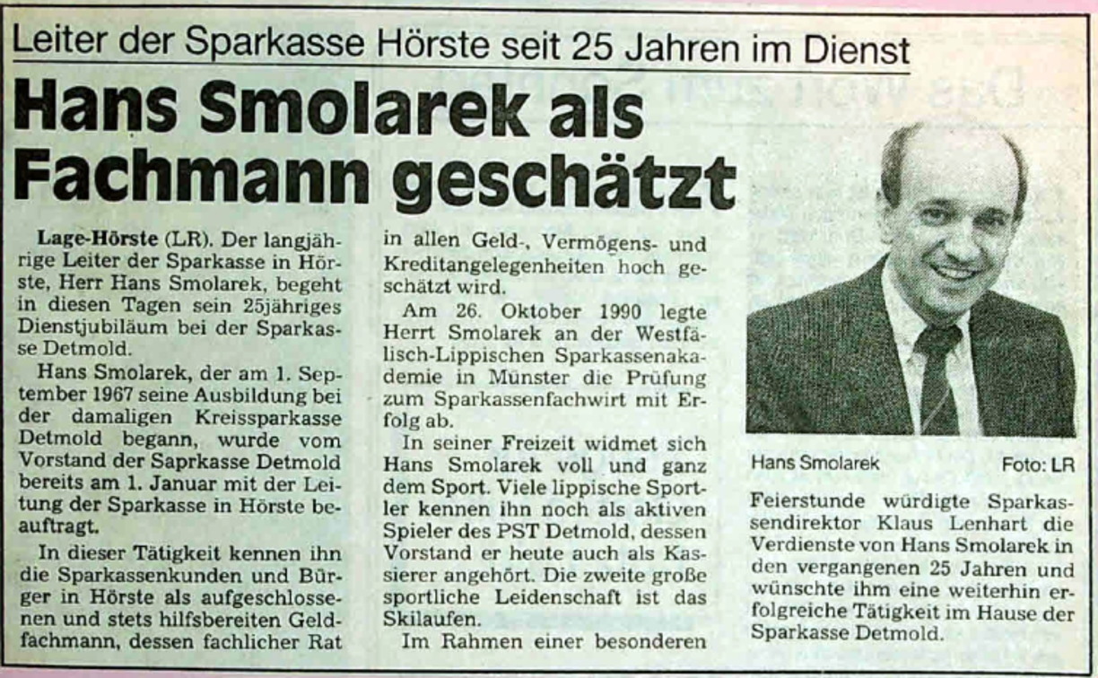 Sparkasse Hörste Smolarek Jubiläum Lipp. Rundschau 5.9.1992 1