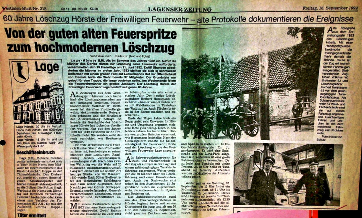 60 Jahre Löschzug Hörste Lagenser Ztg. 18.9.1992 4