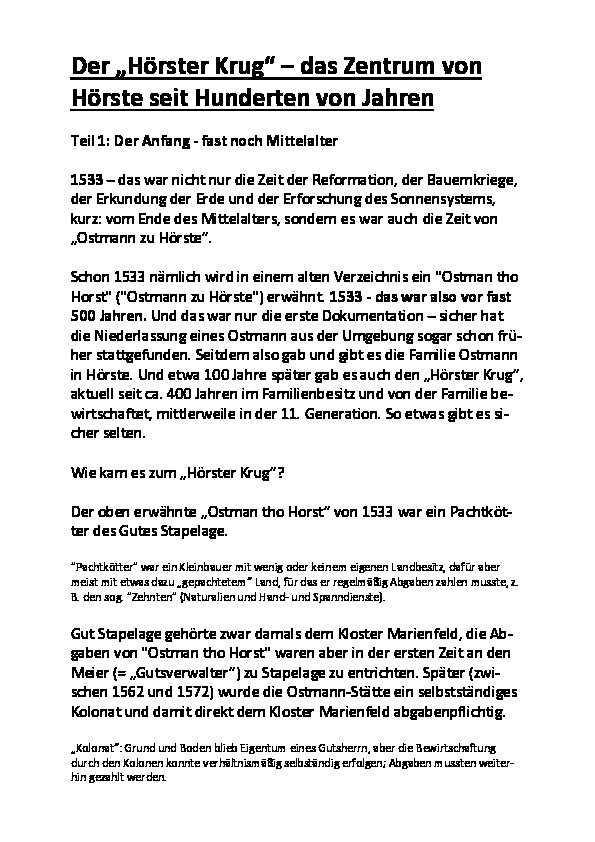 Geschichte des Hörster Kruges, Teil 1